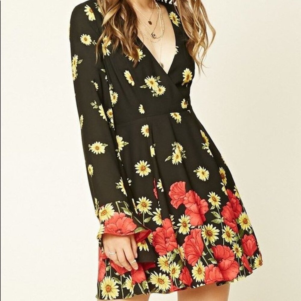 Forever 21 Black Long Sleeve Floral Wrap Dress with Red & Yellow Flowers - Picture 3 of 4